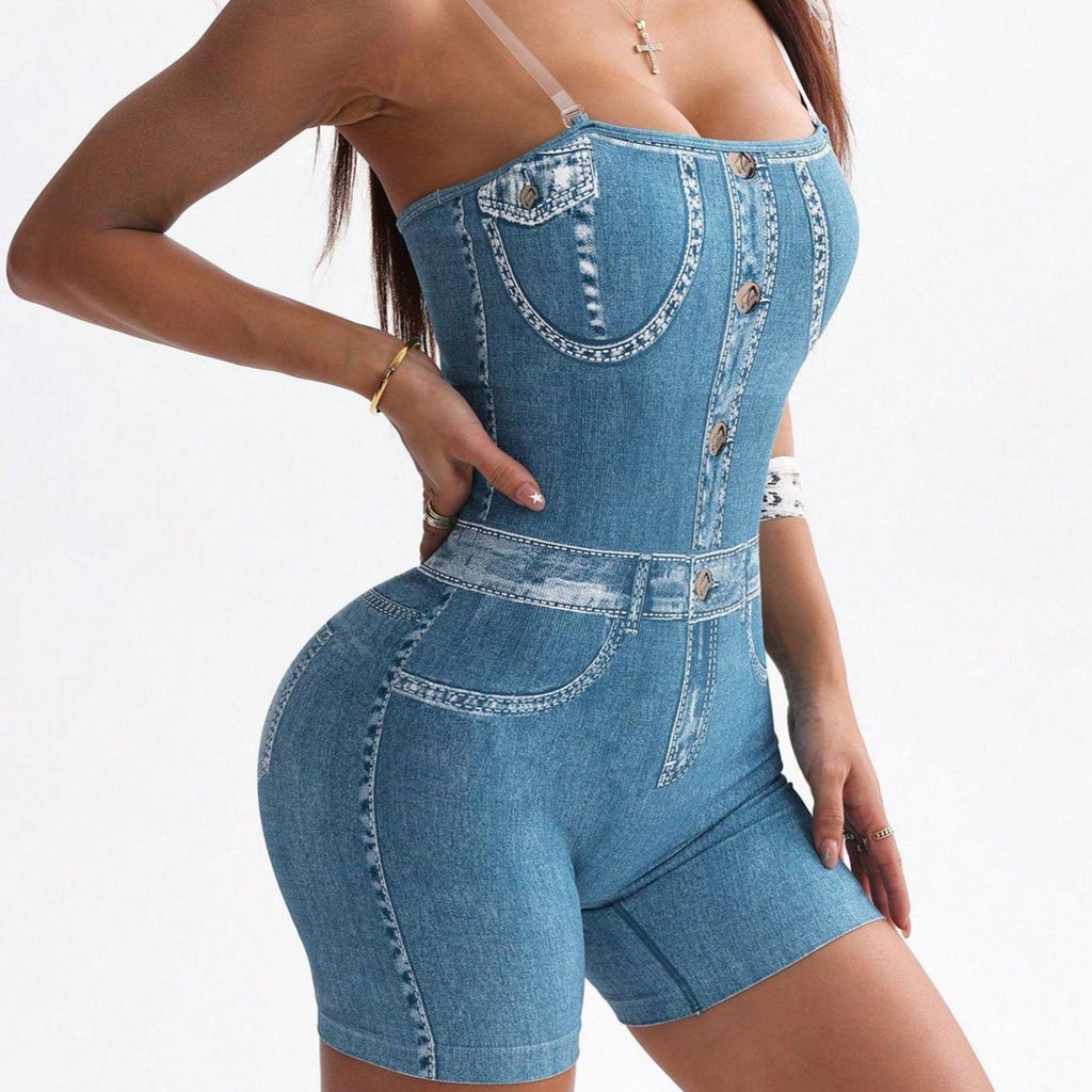3D Denim Camisole Vest Shorts Jumpsuit