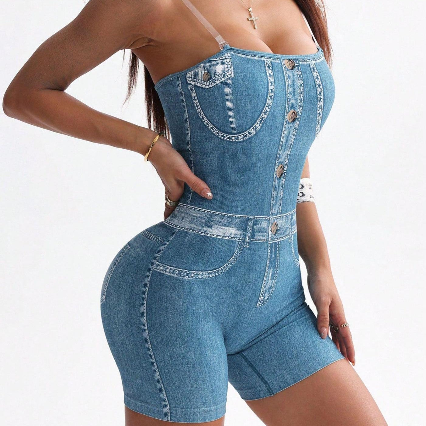 3D Denim Camisole Vest Shorts Jumpsuit