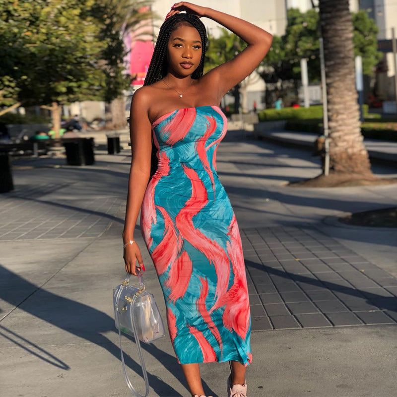 Women's Color Tie-dyed Off-shoulder Tube Coat And Dress