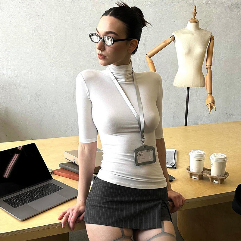 Women's Solid Color Turtleneck Half Sleeve Close-fitting And Slim-fitting Top