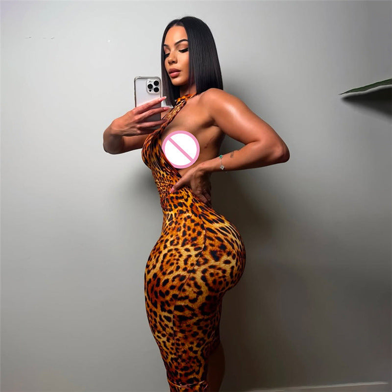 Summer New Personalized Leopard Print Sleeveless Halter Lace-up Tight Jumpsuit