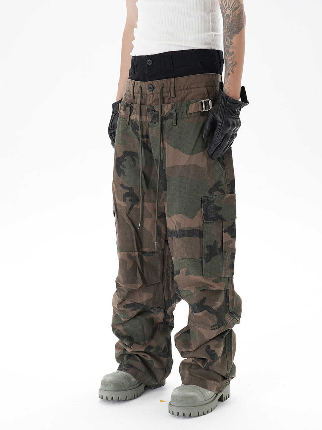 Stitching Three-layer Wide-leg Multi-pocket Camouflage Workwear Casual Pants