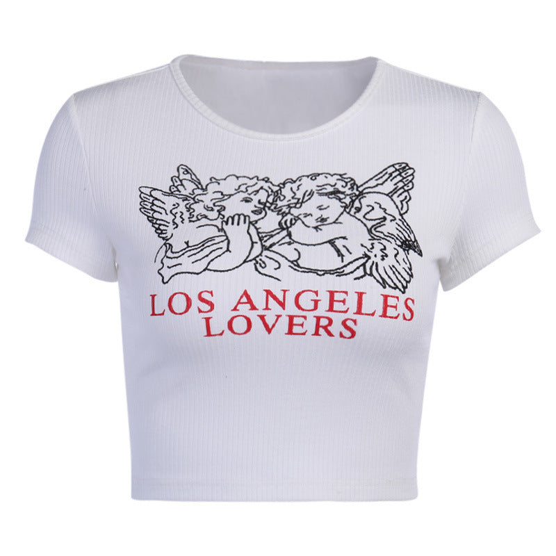Fashion Navel Angel Print Slim T-shirt Women