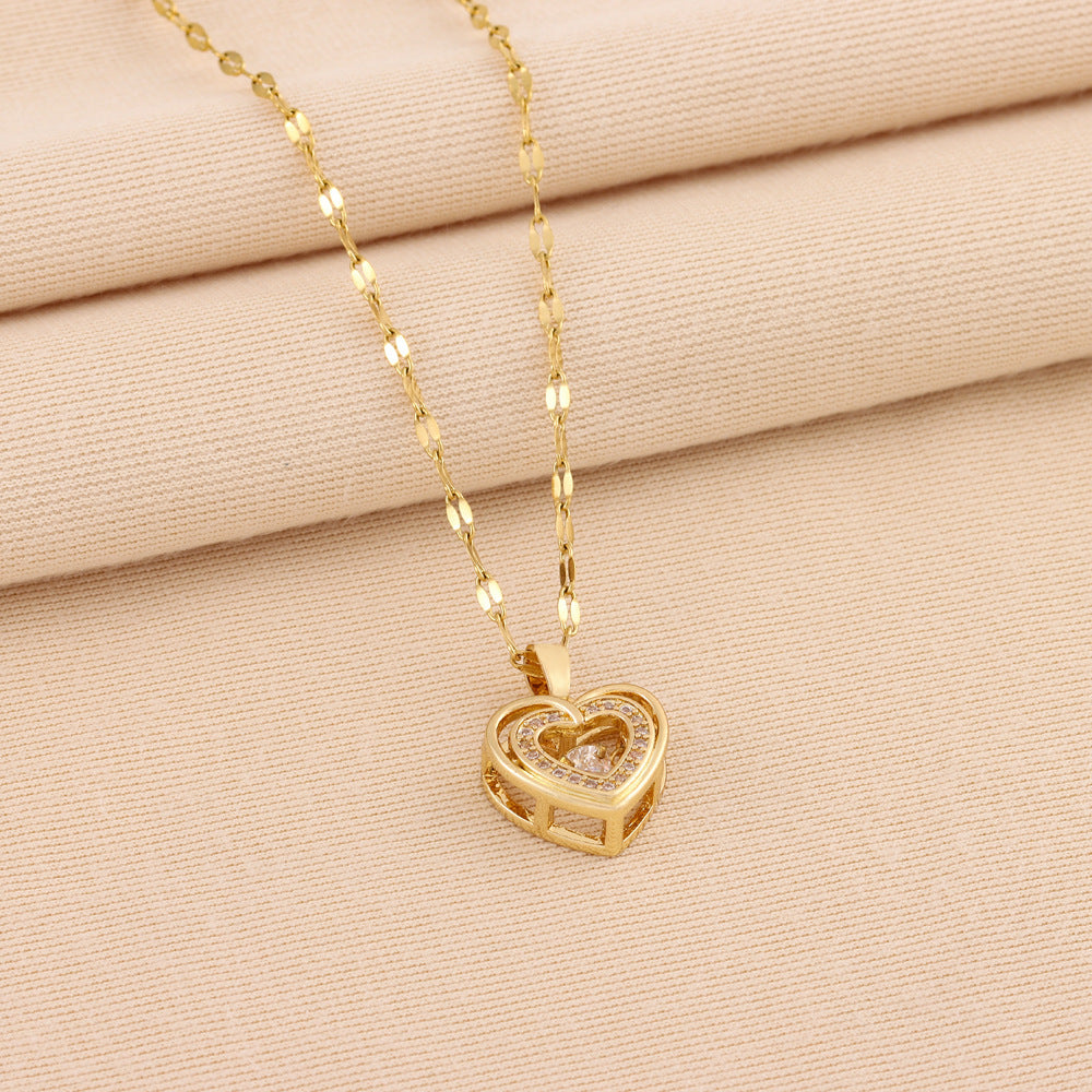 Double-layer Love Necklace With Rhinestones Titanium Steel Pendant Fashion Jewelry Woman Gift