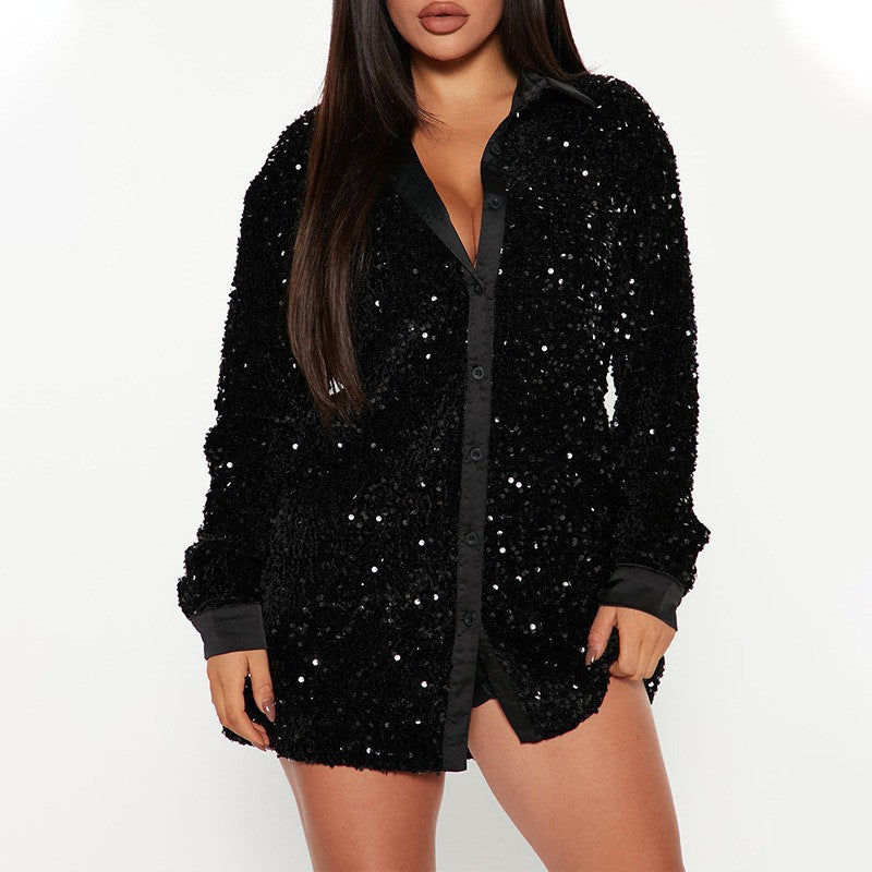 Women's Fashionable Sequins Long-sleeved Coat shirt With One Breasted