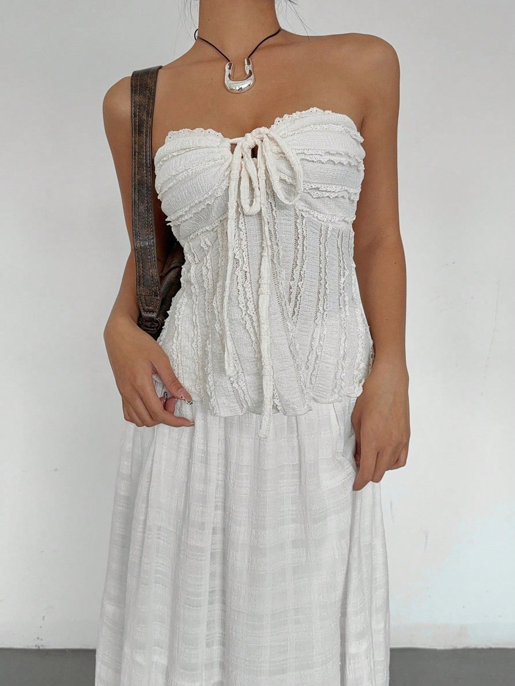 Women's Solid Color Cold Shoulder Lace Up Front Pleated Textured Top