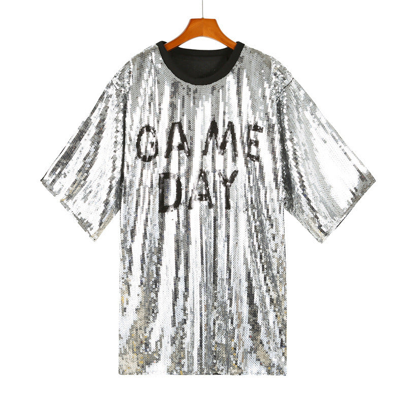 Sequined Short-sleeved Top Loose Plus Size T-shirt For Women Game Day Football Sunday