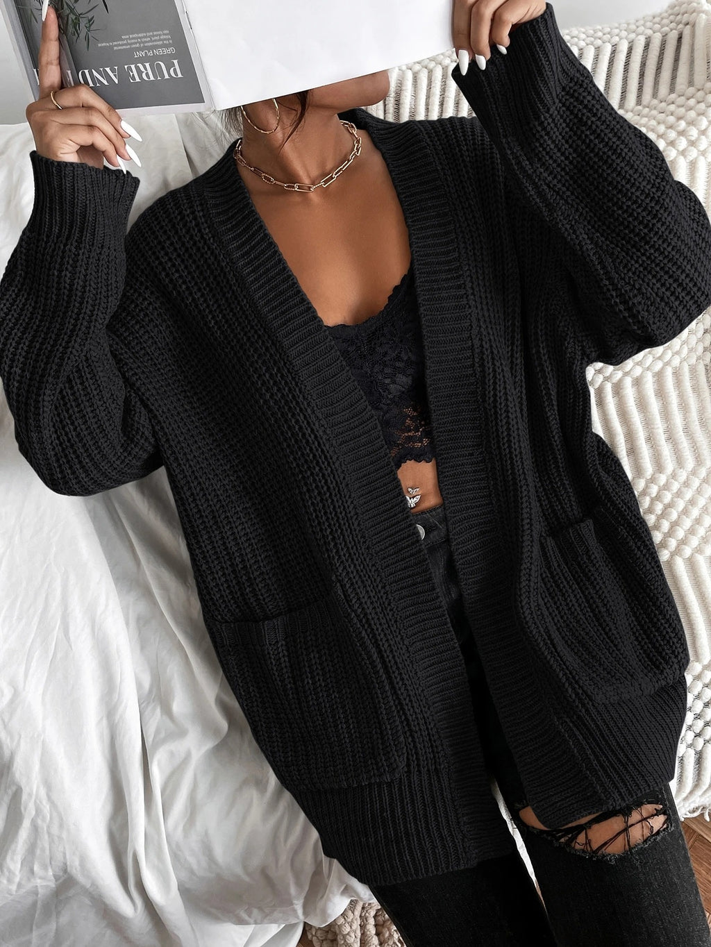 Chiquease Solid Dual Pockets Ribbed Knit Cardigan