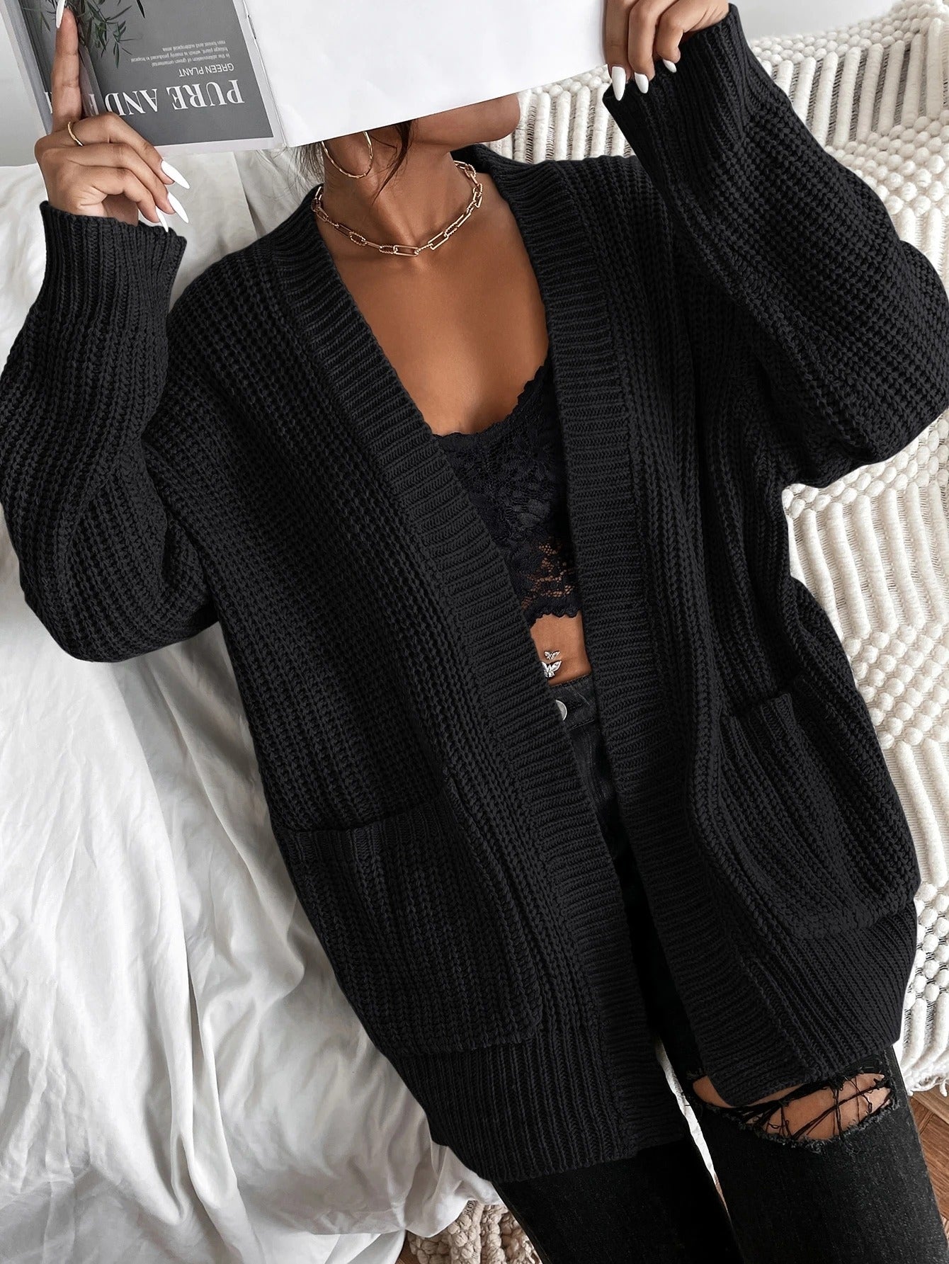 Chiquease Solid Dual Pockets Ribbed Knit Cardigan
