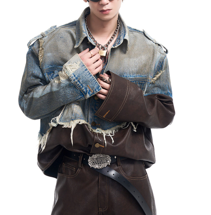 American Retro Distressed Leather Patchwork Destroyed Denim Coat Men's Autumn And Winter Dirty Jacket