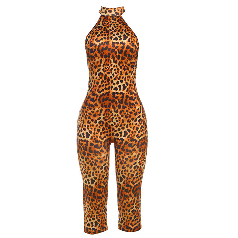 Summer New Personalized Leopard Print Sleeveless Halter Lace-up Tight Jumpsuit