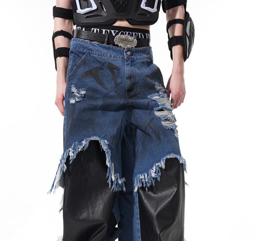 Hand Painted Letters Dirty Dyed Raw Hem Ripped Straight-leg Pants