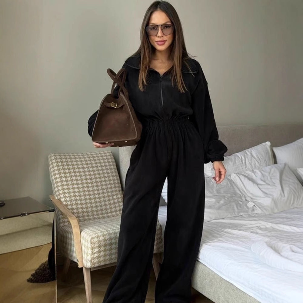 Long Sleeve Jumpsuit Women's Casual Half Cardigan Elastic Waist Suit