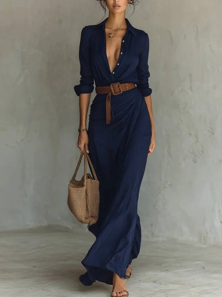 Women's Elegant Solid Color Irregular Folds Containing Belt Dress