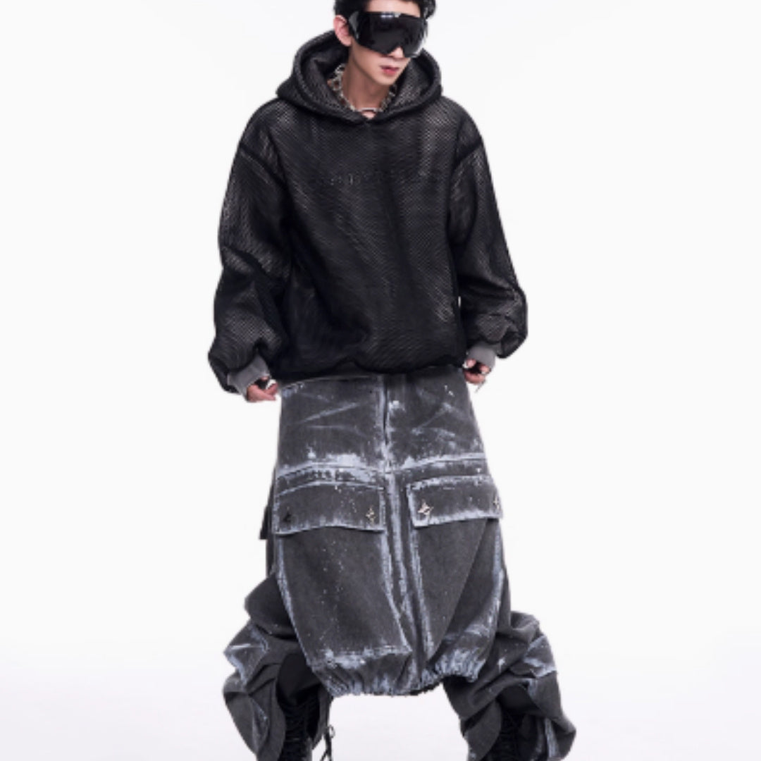 Niche Hollow Out Knitmesh Hooded Fleece Lined Sweater Men
