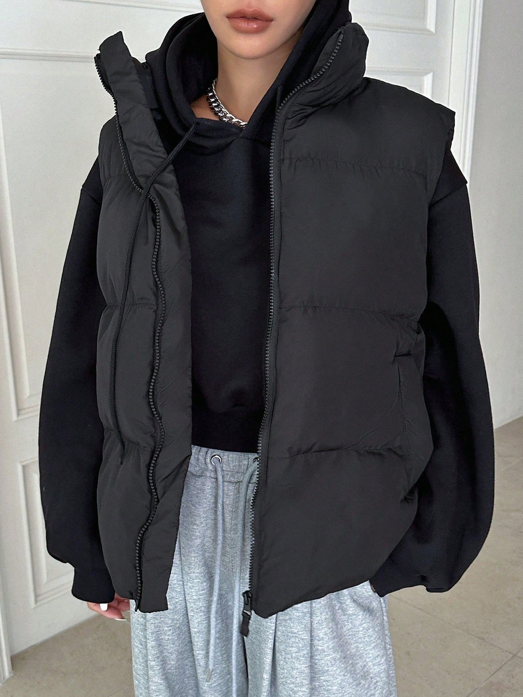 Zipper Sleeveless Padded Jacket For Women