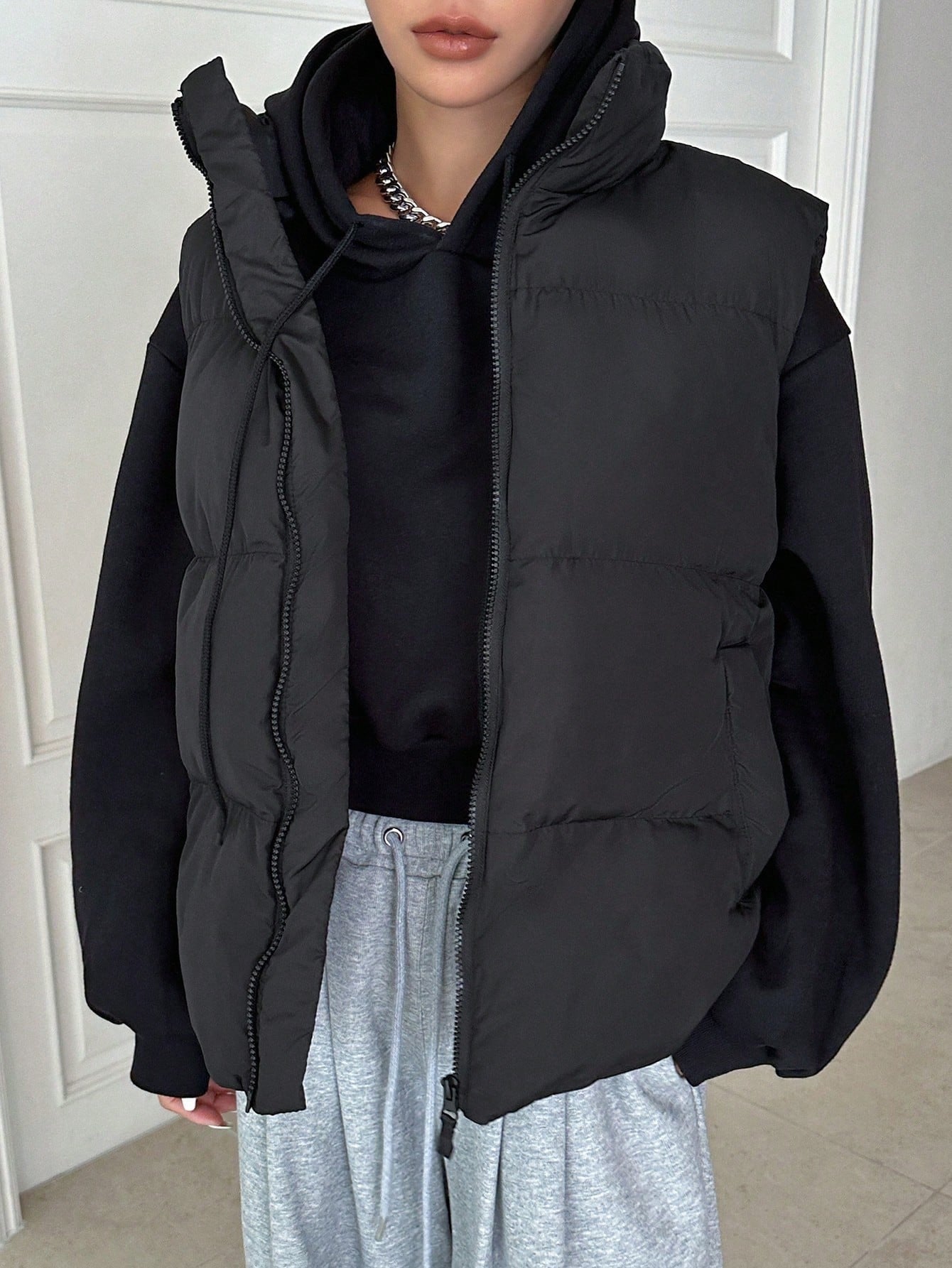 Zipper Sleeveless Padded Jacket For Women
