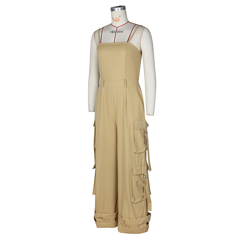 Women's Solid Color Sleeveless Jumpsuit - Wide Leg Romper With Adjustable Hem & 4 Pockets Summer Casual Outfit