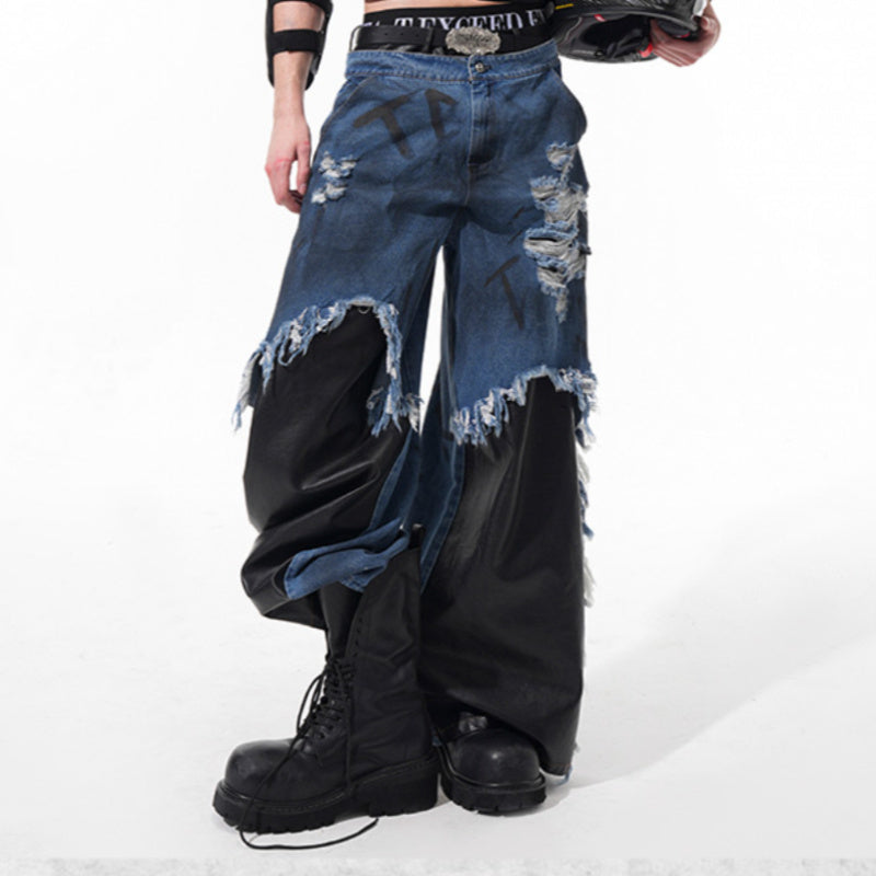 Hand Painted Letters Dirty Dyed Raw Hem Ripped Straight-leg Pants