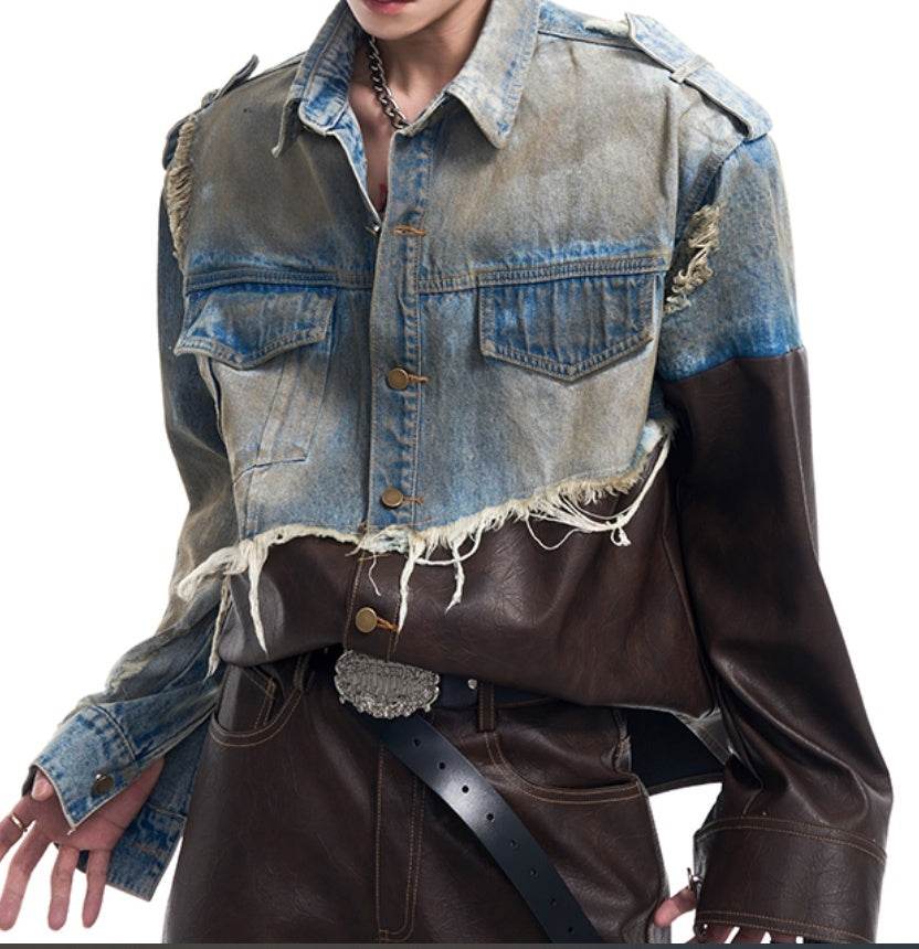 American Retro Distressed Leather Patchwork Destroyed Denim Coat Men's Autumn And Winter Dirty Jacket