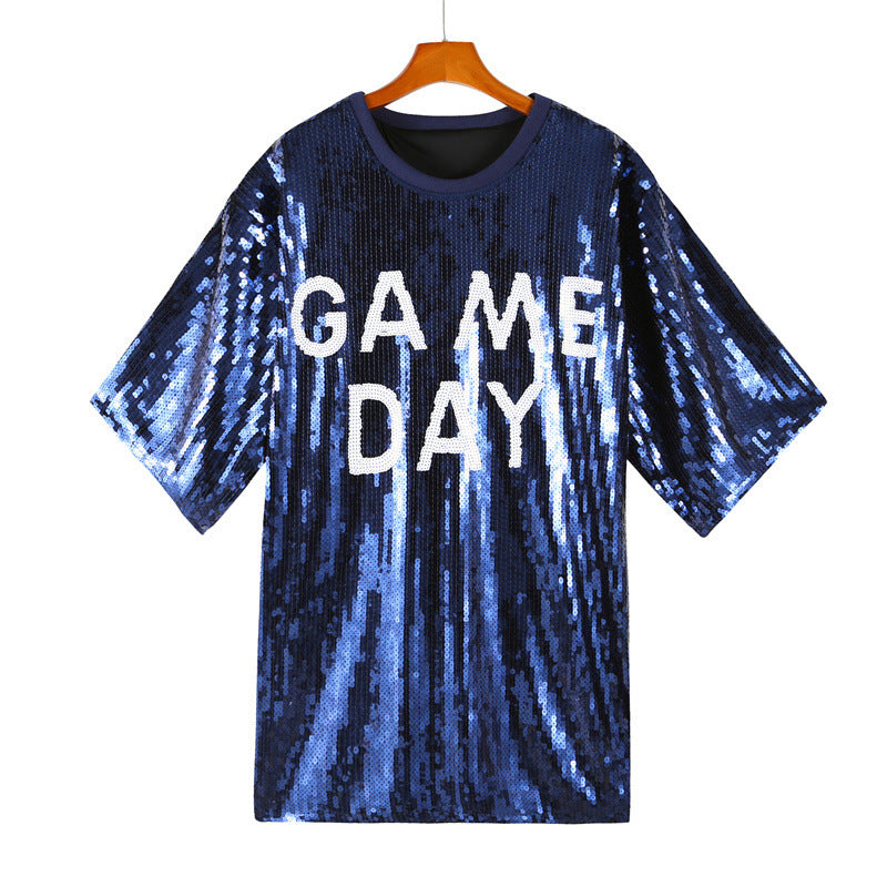 Sequined Short-sleeved Top Loose Plus Size T-shirt For Women Game Day Football Sunday
