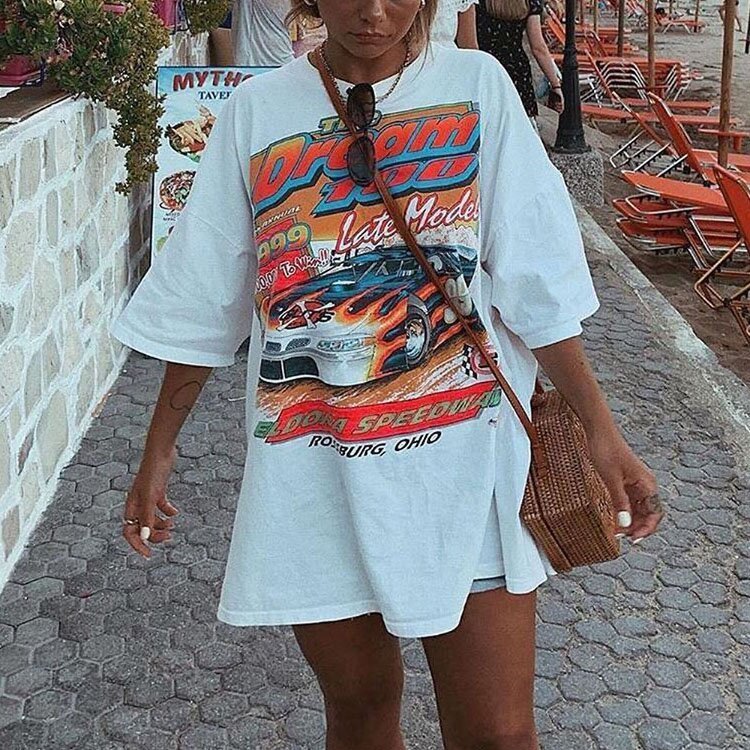 Letter Print Round Neck T-shirt Women Short-sleeved Loose White T-shirt