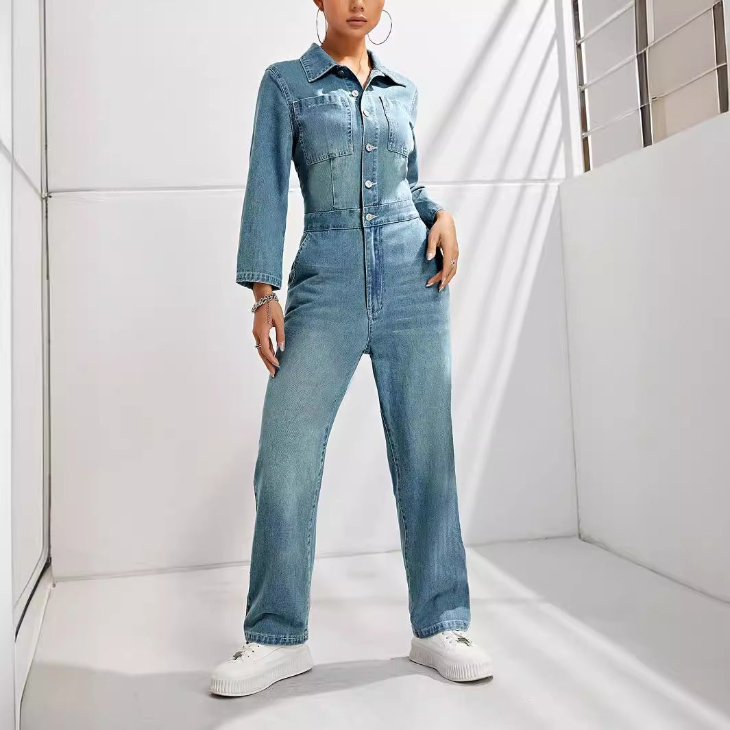 Women's Slim-fit Long-sleeved Denim Jumpsuit