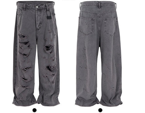 American Retro Distressed Double-layer Erosion Big Damage Canvas Overalls