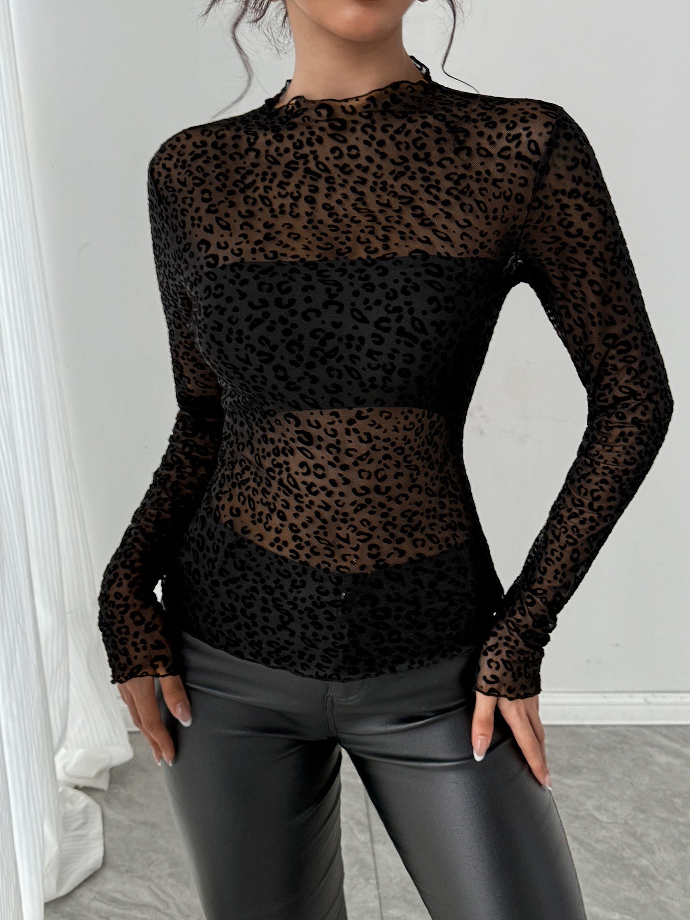 New Style Wooden Ear Slim Fit Slimming Long Sleeves Mesh Base All-matching Top