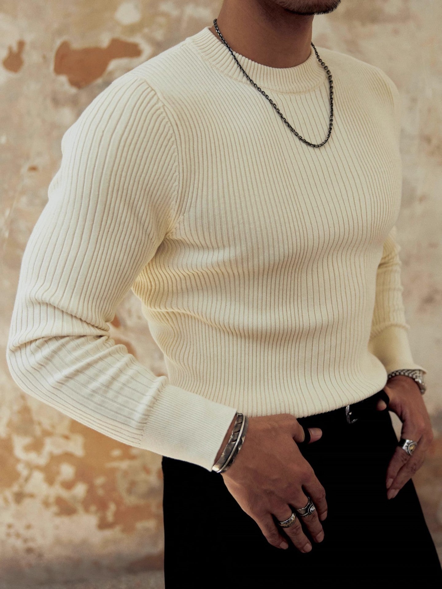 Men's Round Neck Solid Color Striped Long-sleeved Sweater Autumn And Winter