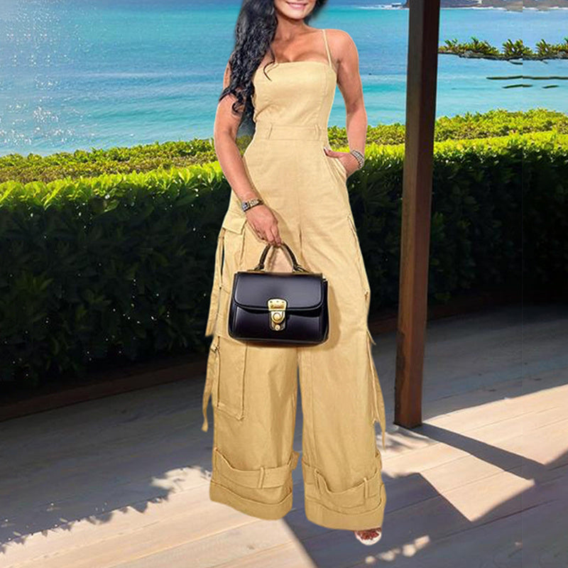 Women's Solid Color Sleeveless Jumpsuit - Wide Leg Romper With Adjustable Hem & 4 Pockets Summer Casual Outfit