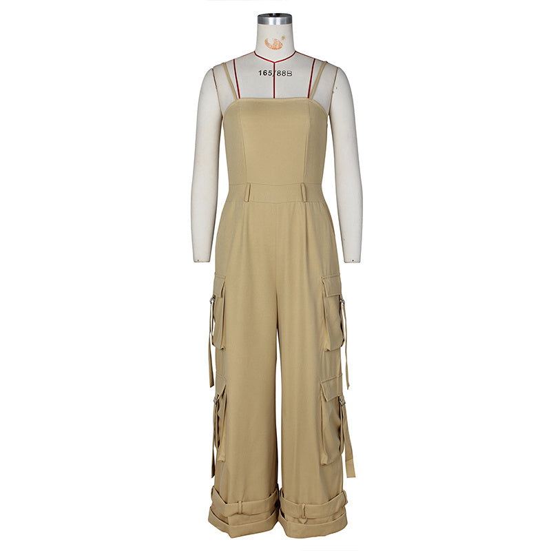 Women's Solid Color Sleeveless Jumpsuit - Wide Leg Romper With Adjustable Hem & 4 Pockets Summer Casual Outfit