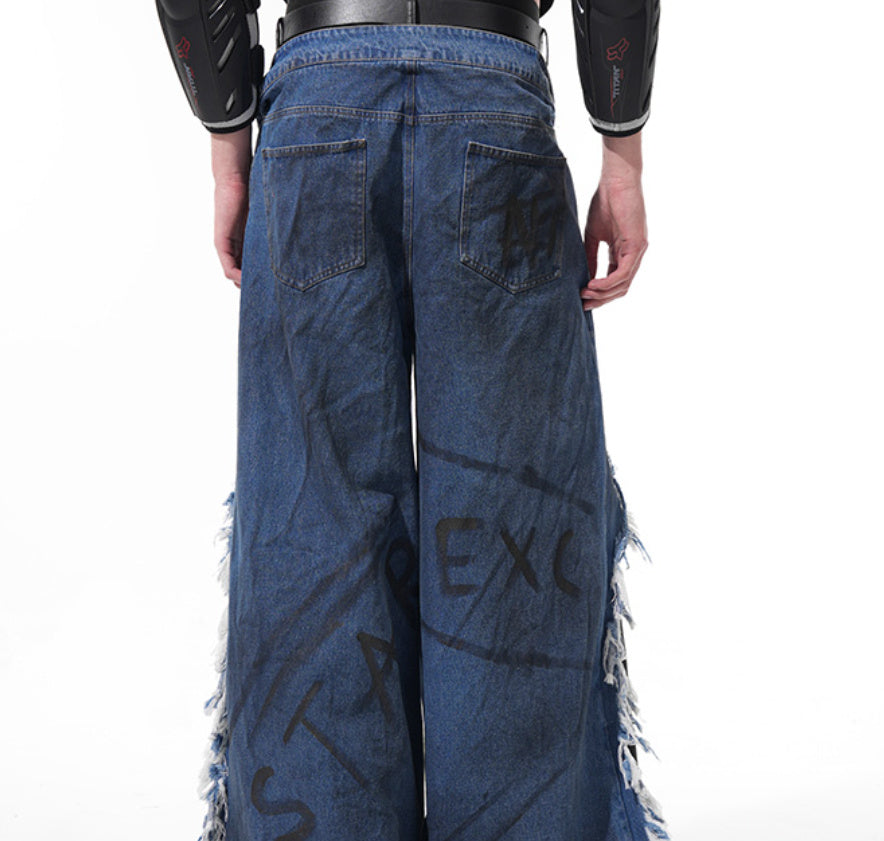 Hand Painted Letters Dirty Dyed Raw Hem Ripped Straight-leg Pants