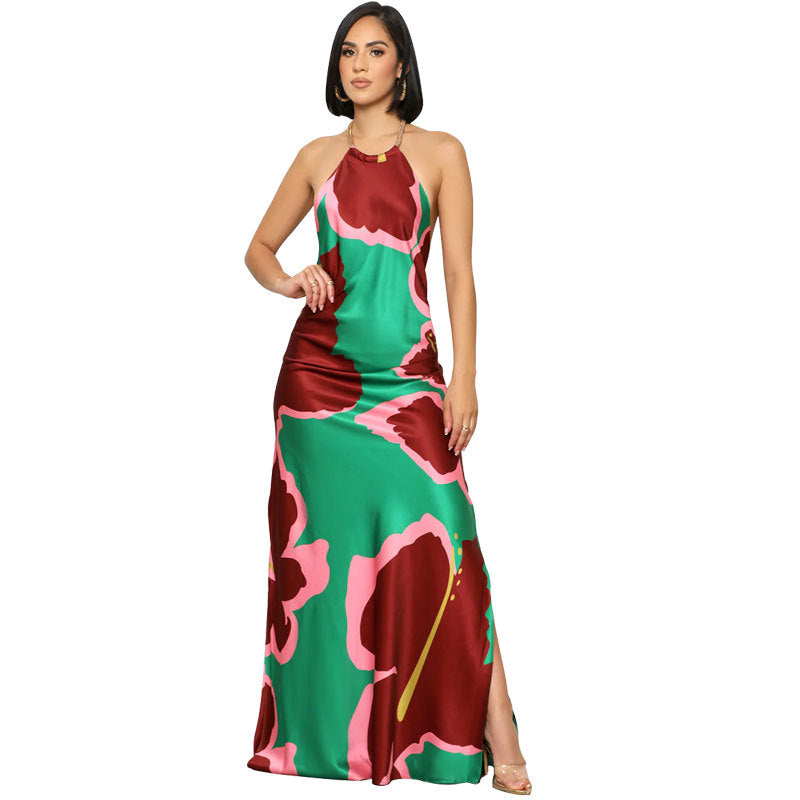 Women's Printed Long Backless Fashion Dress