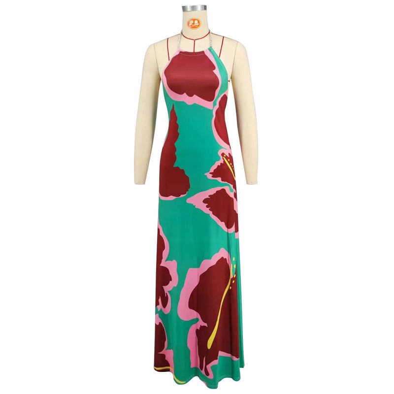 Women's Printed Long Backless Fashion Dress