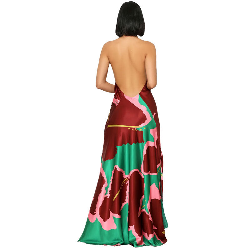 Women's Printed Long Backless Fashion Dress