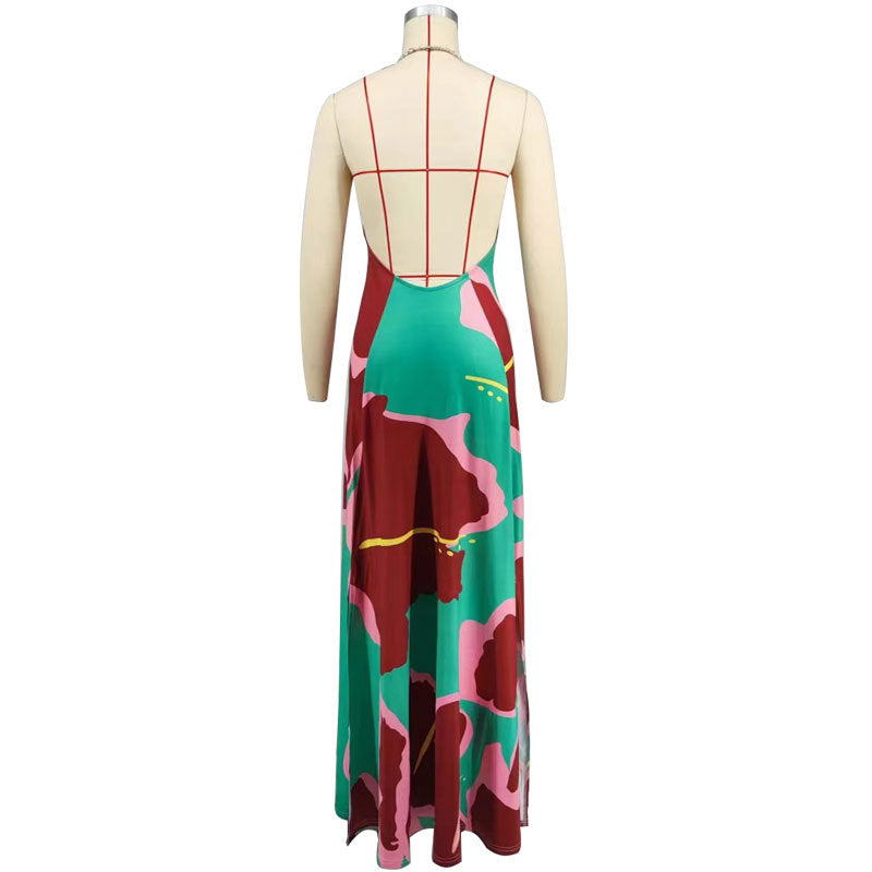 Women's Printed Long Backless Fashion Dress