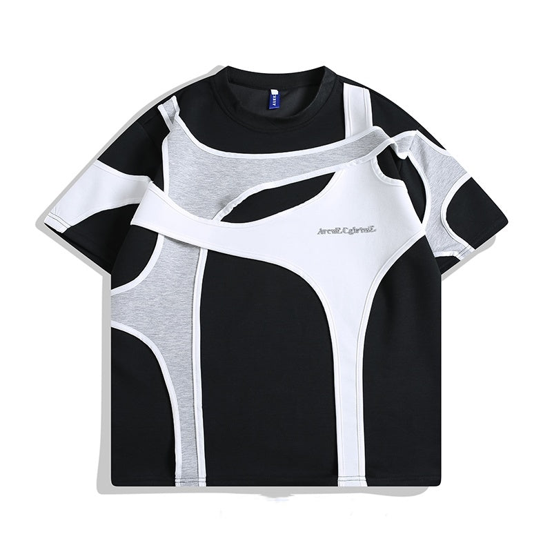 Double-layer Stitching Padded Shoulder Short Sleeve Strap T-shirt