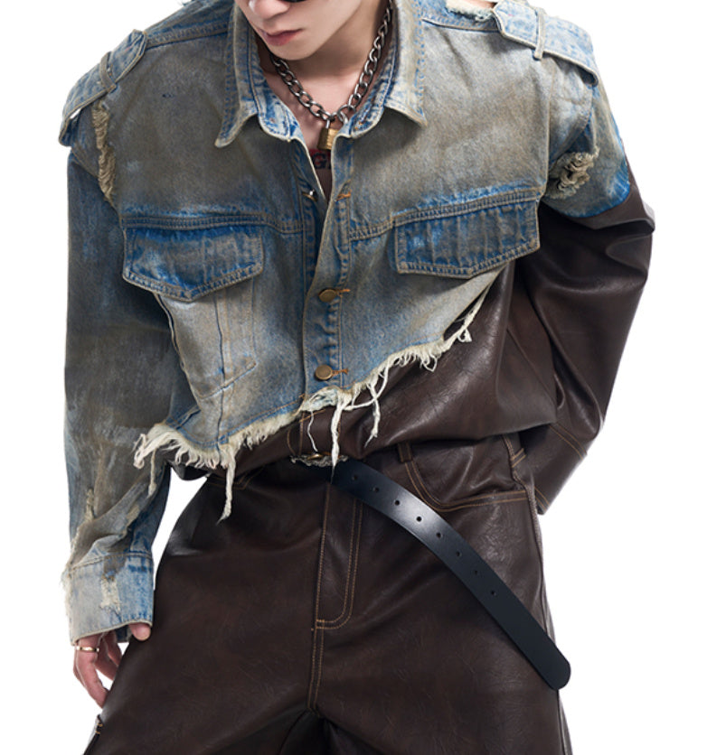 American Retro Distressed Leather Patchwork Destroyed Denim Coat Men's Autumn And Winter Dirty Jacket