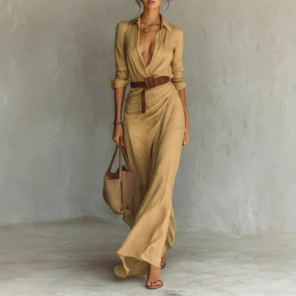 Women's Elegant Solid Color Irregular Folds Containing Belt Dress