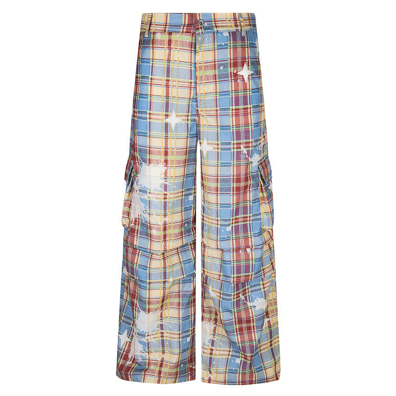 Retro Plaid Overalls Men's Loose Straight Casual Pants