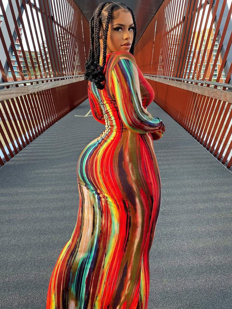 Women's Color Tie-dyed Off-shoulder Tube Coat And Dress