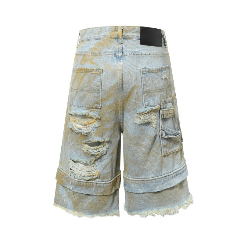 Printed Loose Denim Cropped Pants Men's Casual Wide Leg Shorts