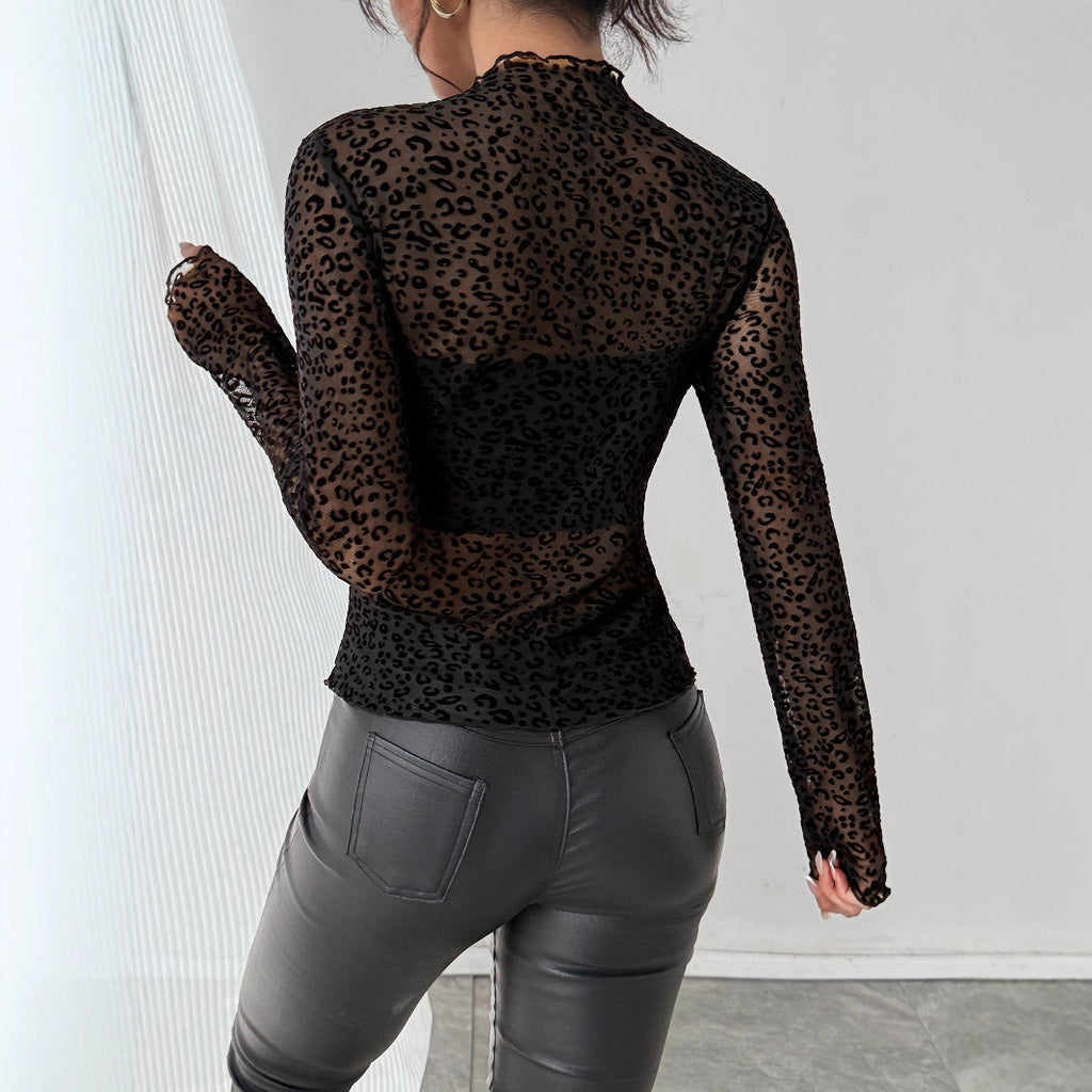 New Style Wooden Ear Slim Fit Slimming Long Sleeves Mesh Base All-matching Top