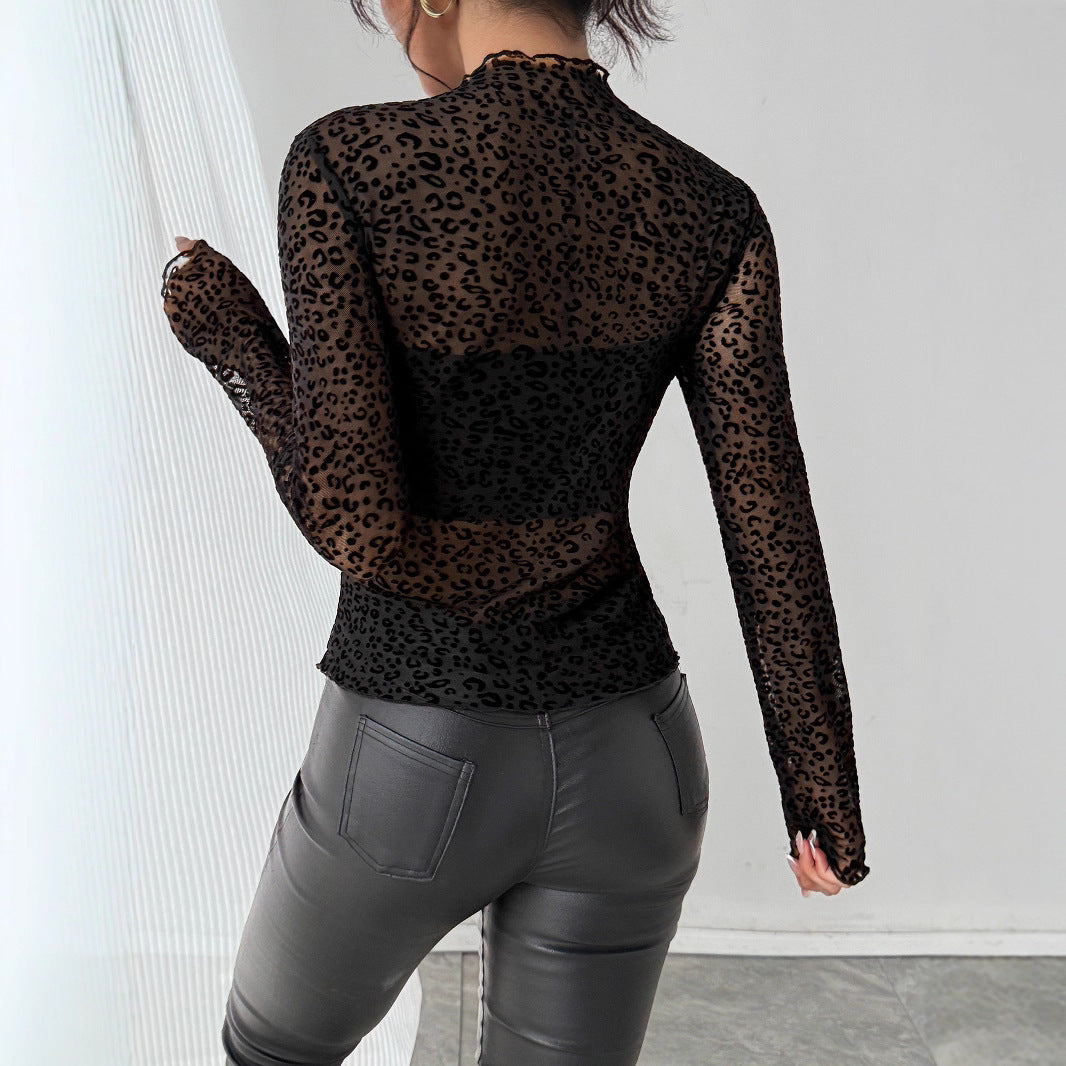 New Style Wooden Ear Slim Fit Slimming Long Sleeves Mesh Base All-matching Top