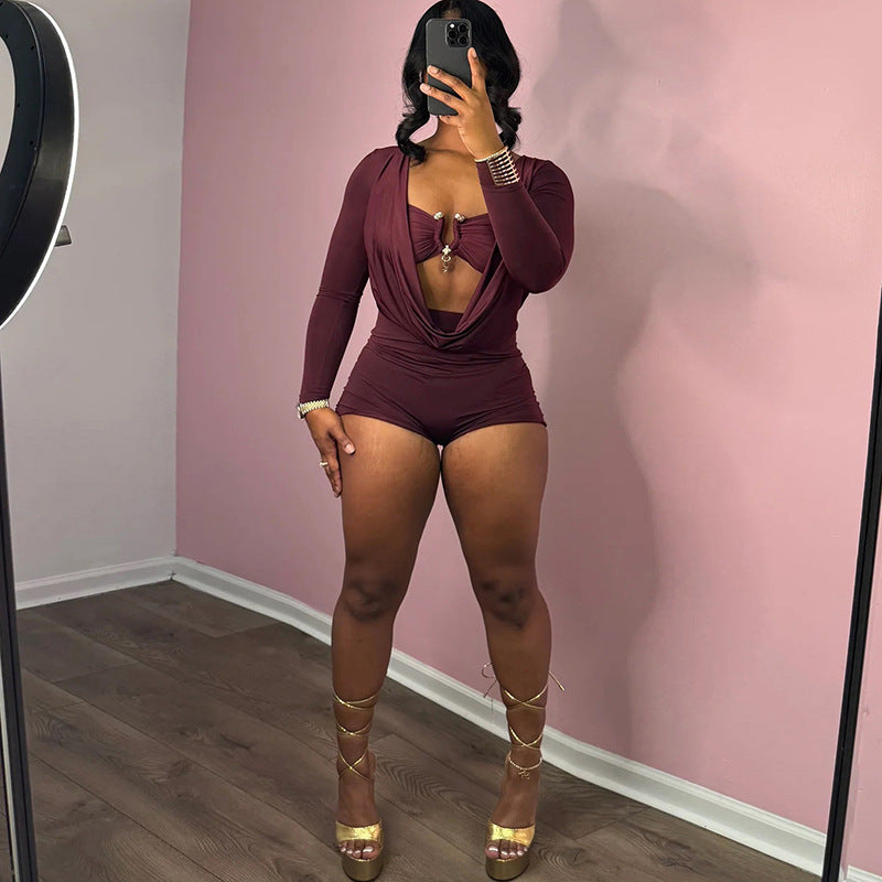 Deep V-neck Low Cut Solid Color Slim Fit Slimming Jumpsuit