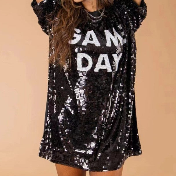 Sequined Short-sleeved Top Loose Plus Size T-shirt For Women Game Day Football Sunday