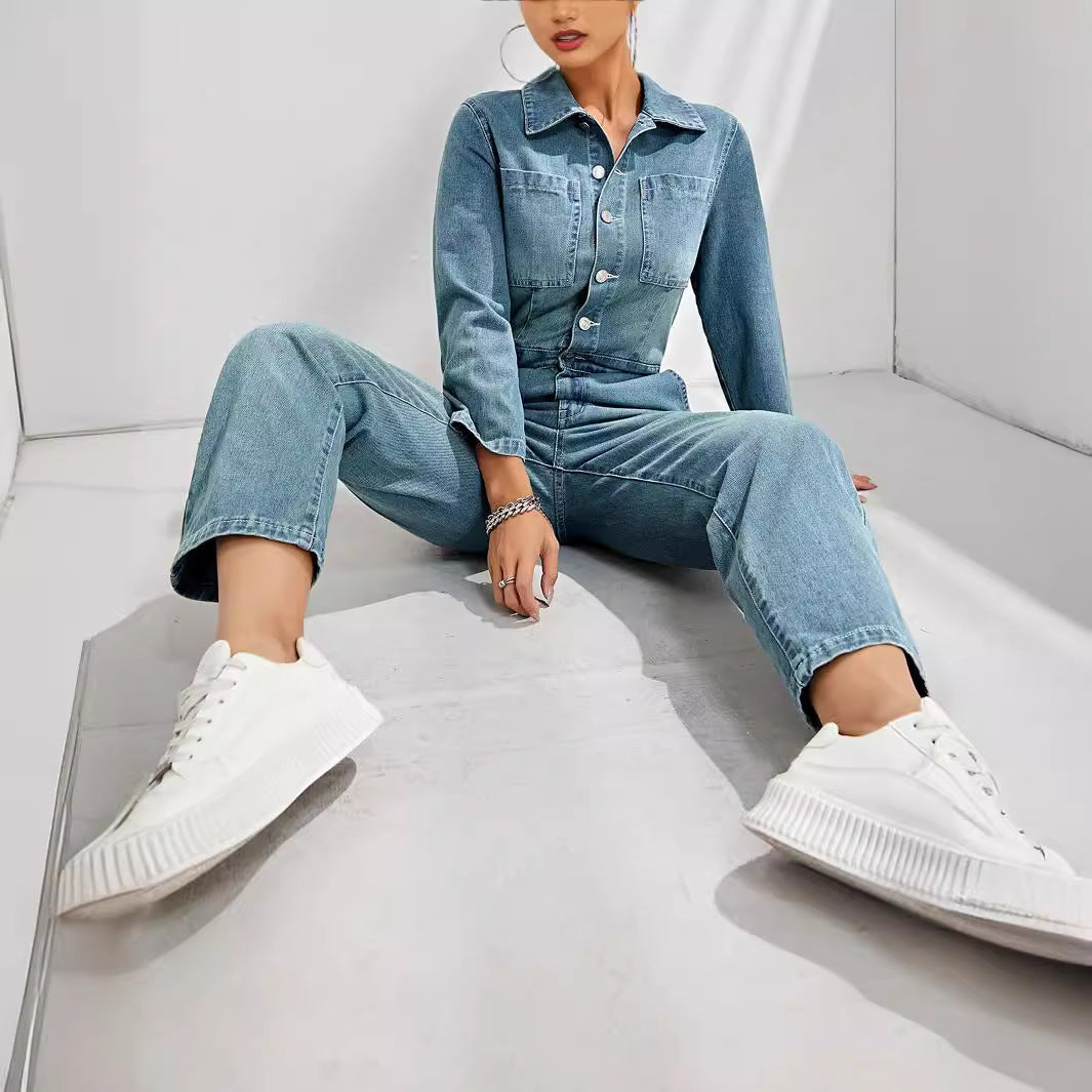 Women's Slim-fit Long-sleeved Denim Jumpsuit