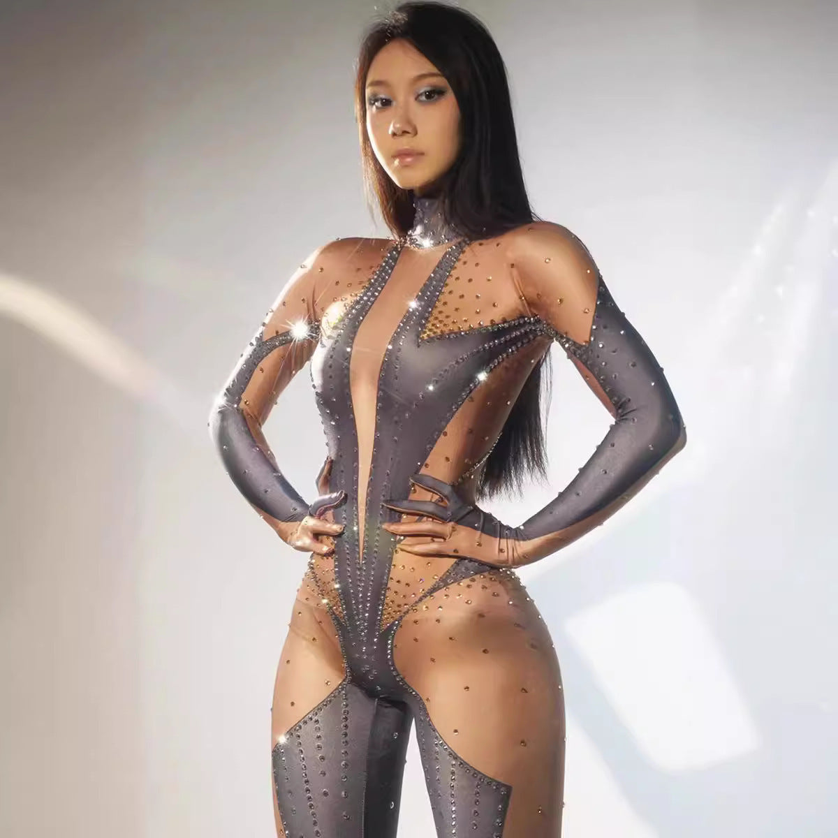 Full Diamond Long-sleeved One-piece Trousers Fake Meat-exposed