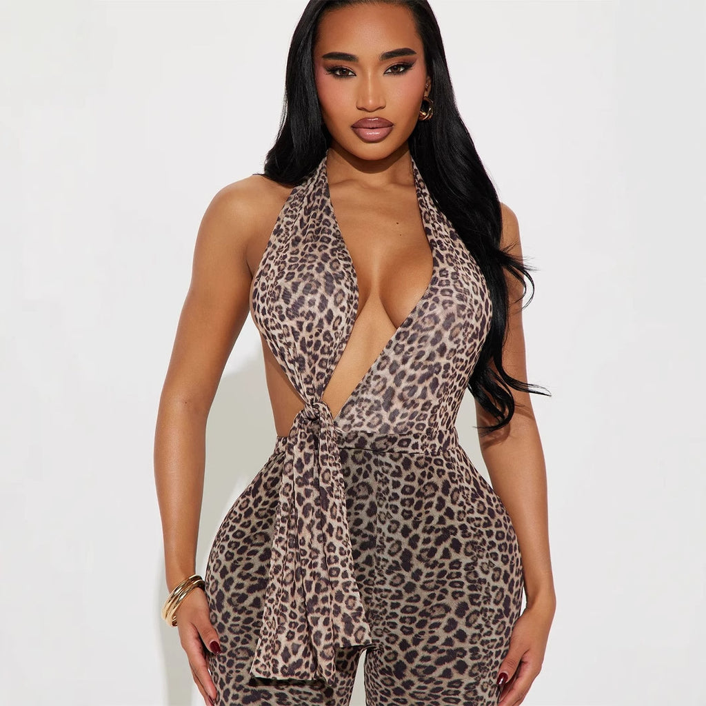 Women's Printed Leopard-print Backless Hip-lifting Jumpsuit